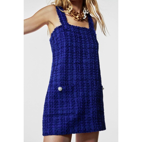 NWT Zara Cobalt Blue Textured Tweed Pinafore Mini Dress, Women's Extra Small XS - Picture 4 of 12